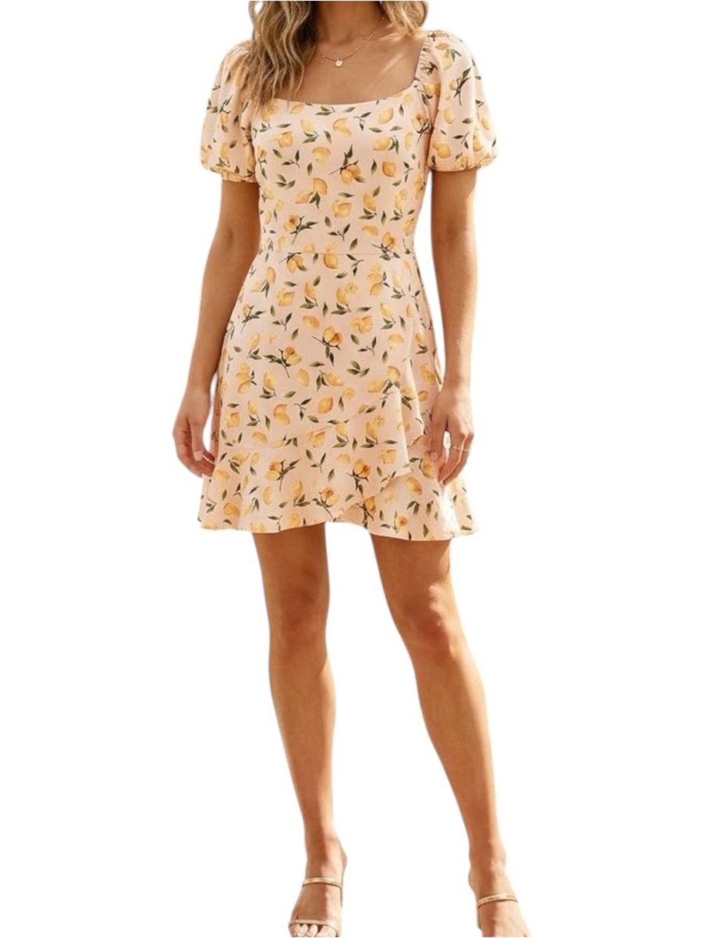 Altar’d State Chiffon Lemon Print Mini Dress Peach Pink S Lightweight